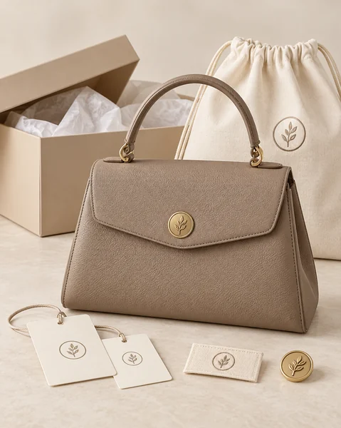 Detail shot of a custom bag logo and premium packaging